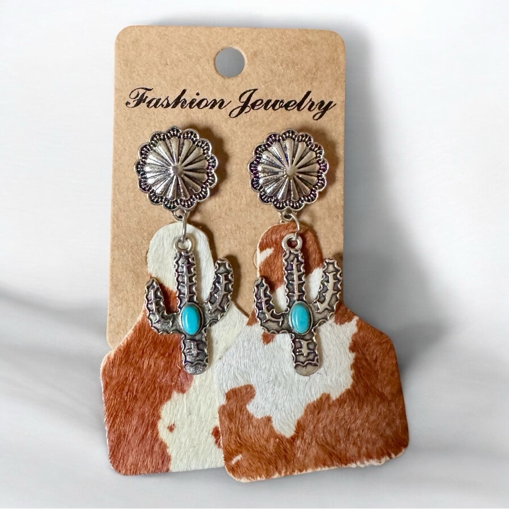 Silver Cactus Dangle Earrings with Turquoise Accent. Western cowgirl cowhide